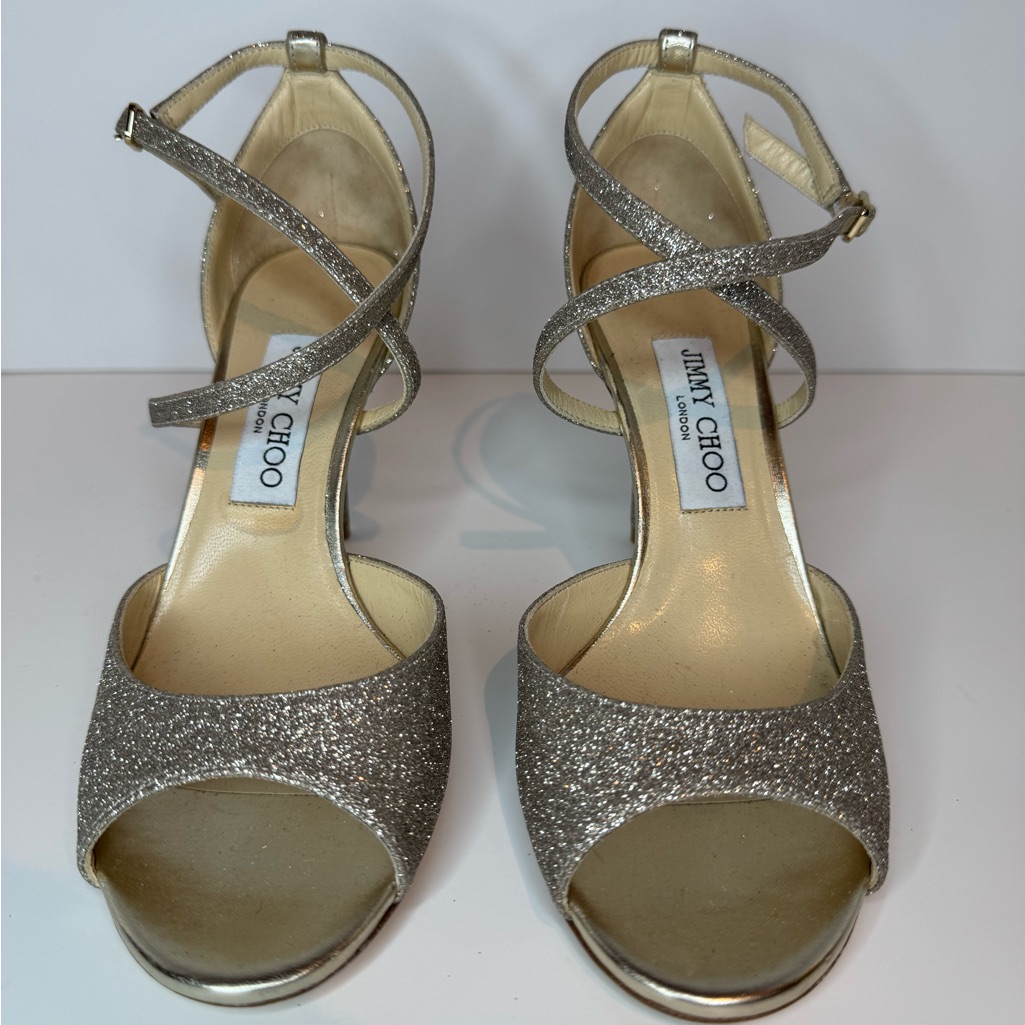 New! Never Worn! Jimmy Choo Gold Sequined Heels With Ankle Strap And Peep-Toe!